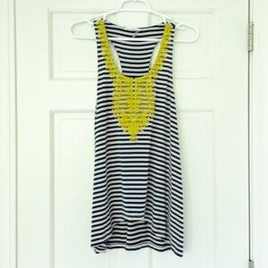 LE SAMPLE STITCHFIX tank top size M blue white yellow embroidered striped
